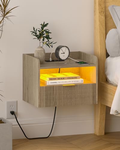 Veegle White Floating Nightstand with Charging Station and LED Lights (Grey) - color: Grey