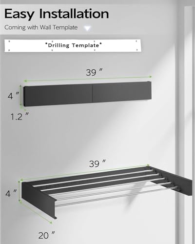Vikaqi Wall Mounted Clothes Drying Rack 40", Foldable Wall Mount Laundry Rack Folding Indoor, Drying Rack Clothing Collapsible, Hidden Space Saver with Wall Template, 6 Rods, Black - color: Black, size: 40" Wide
