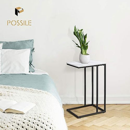 C Shaped Side Table Set of 2, Marble End Table for Sofa and Bed, Couch Table That Slide Under, Snack Side Table for Living Room, Bedroom or Small Spaces, White and Black - color: Black