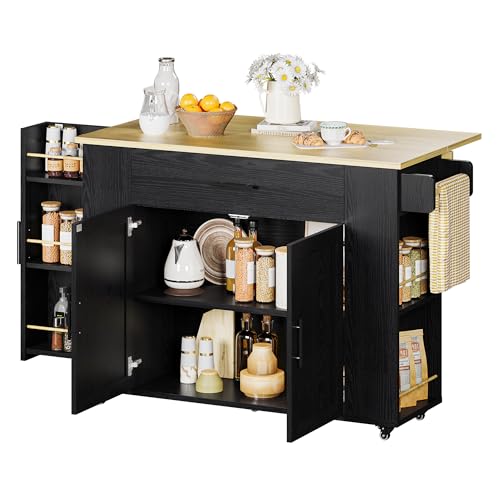 IRONCK 47 Inch Rolling Kitchen Island with Drop Leaf and Drawer, Black Oak | Engineered wood cart with adjustable shelving, enclosed storage, a drawer, spice rack, towel rack and locking casters. - color: Black Oak