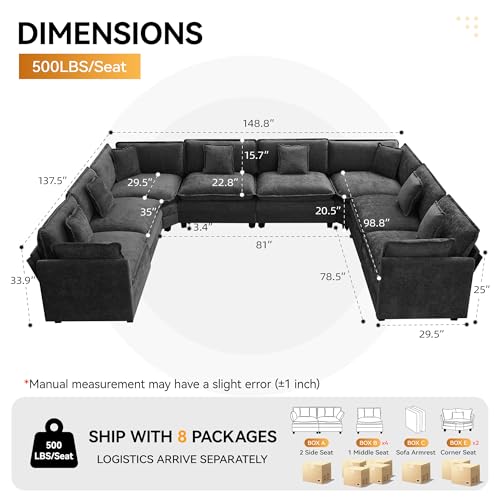 147'' Oversized U Shaped Couch, Modular Sofa for Living Room, Dark Grey | Cloud Deep Seat Oversized U Shaped Sectional, Upholstered Chenille Modular Couches for Living Room, Large 8 Seats Corner Sofa - color: Dark Grey, size: 147'' Oversized U Shape