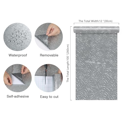 CHIHUT Silver Textured Swirling Wave Peel and Stick Backsplash Wallpaper Waterproof Oil Proof Metallic Aluminum Foil Self Adhesive Contact Paper 12"x100" for Kitchen Countertop Vinyl Wrap - color: Silver