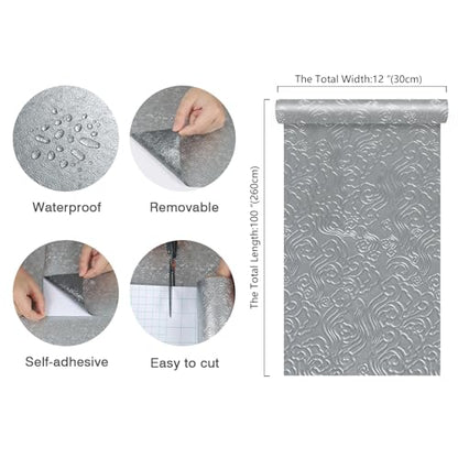 CHIHUT Silver Textured Swirling Wave Peel and Stick Backsplash Wallpaper Waterproof Oil Proof Metallic Aluminum Foil Self Adhesive Contact Paper 12"x100" for Kitchen Countertop Vinyl Wrap - color: Silver