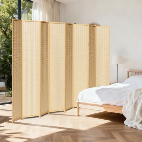 8 Panel Bamboo Room Divider, Folding Privacy Screen, Natural | Pine wood frame, dual-action stainless steel hinges, 5.6FT tall, extends to 126 inches wide, no assembly - color: Natural, size: 8 Panel
