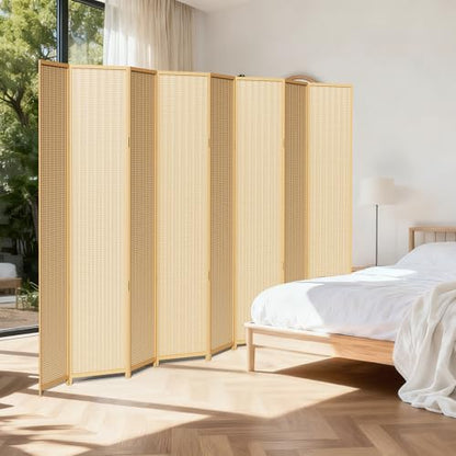 8 Panel Bamboo Room Divider, Folding Privacy Screen, Natural | Pine wood frame, dual-action stainless steel hinges, 5.6FT tall, extends to 126 inches wide, no assembly - color: Natural, size: 8 Panel