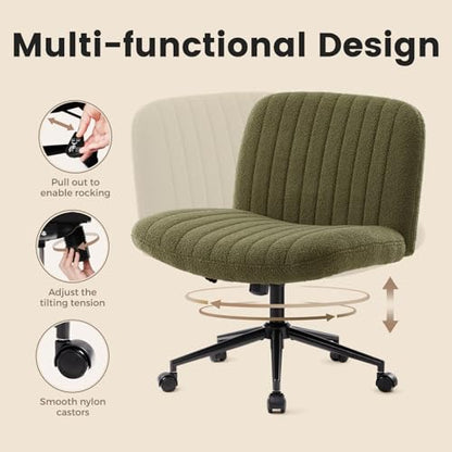 IWMH Criss Cross Office Chair with Wheels Cross Legged Desk Chair Armless | Green Computer Chair Vanity Chair Wide Seat Swivel Task Chair for Home Office Bedroom Make Up Small Space Height Adjustable - color: Teddy Green With Wheels