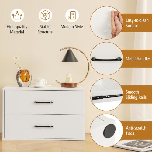 SIMOE 24" W White Stackable 2-Drawer Dresser for Bedroom, Short Storage Cabinet with Metal Handles, Wood Drawer Organizer with Anti-Tip Kits, Compact Chest of Drawers for Office, Entryway