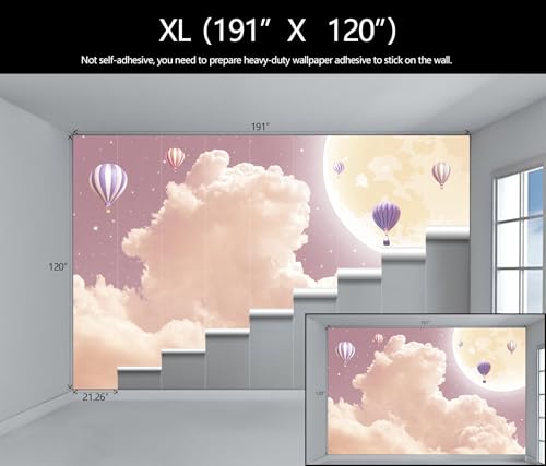 Pink and Purple Clouds Wallpaper Mural for Girls Room | Hot Air Balloons Moon Wall Mural 191"x120" Not Peel and Stick - color: Art Wall-66, size: 191" x 120"