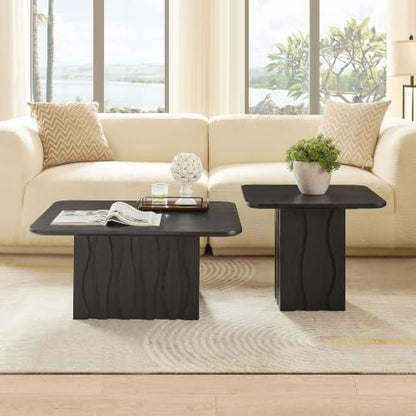 Nesting Coffee Table Set of 2 with Wavy Fluted Base, Black | 31.5" & 21.65", 2PCS Center Tables, Square Tea Table, Easy to Assemble, Mid-Century Modern, for Living Room Office - color: 31.5" & 21.65" - Black