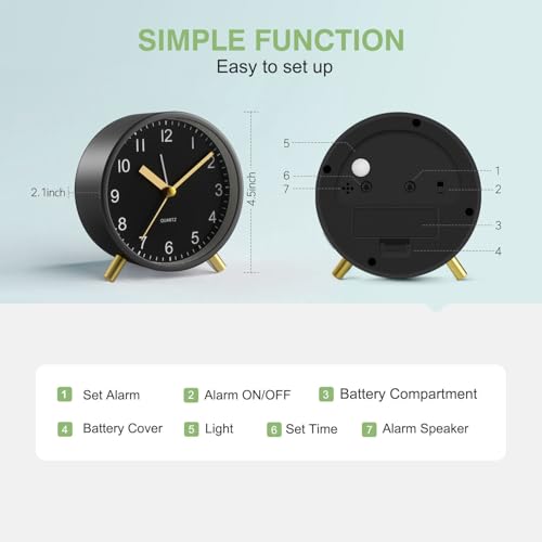Back to School Silent Analog Quartz Alarm Clock for Kids Bedroom,Night Light, Battery Operated, Fashionable Round Metal - color: Black