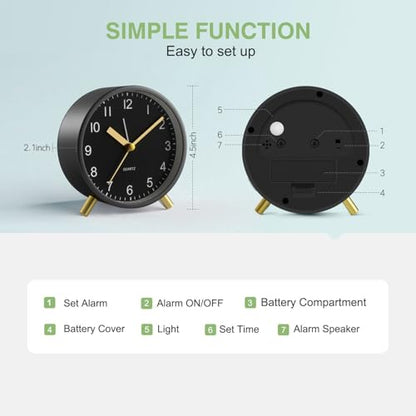 Back to School Silent Analog Quartz Alarm Clock for Kids Bedroom,Night Light, Battery Operated, Fashionable Round Metal - color: Black