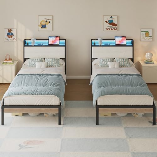 LIKIMIO Twin Bed Frame with Headboard, LED Lights and Charging Station | Upholstered sherpa storage headboard with LED & charger; heavy-duty slats; noise-free; modern elegance; natural and cream - color: Natural and Cream, size: Twin