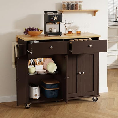 Shintenchi Kitchen Island with Drop Leaf, Rolling Kitchen Cart with Storage on Wheels, Table Bar Cart for Kitchen with Towel Rack & Seating Area for Dining Room, Brown - color: Brown
