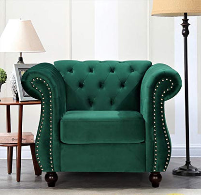 GDFStudio 40.6" Modern Velvet Accent Chair, Chesterfield Upholstered Lounge Chair with Rolled Arms, Comfy Single Sofa Chair with Button Tufted Back & Wood Tapered Legs for Living Room Bedroom, Green - color: Green, size: 1 Seat