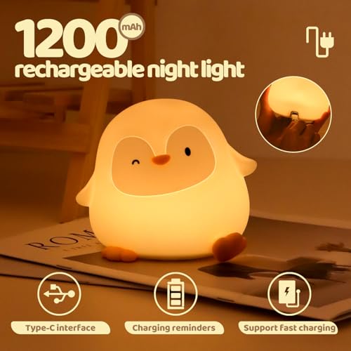 Rytinazzz Silicone Night Light for Kids, 50H Long Battery Penguin Lamp, Gift for Kids, Rechargeable Tap Control, Soft Dimmable Bedside Light with Timer - color: Penguin