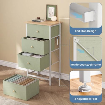 DUMOS Nightstand, Bedside Table with 4 Fabric Drawers | Night Stand with Removable Bins, Steel Frame Wood Top, Small Dresser for Bedroom Closet, Living Room, Light Green - color: Light Green, size: 11.8"D x 17.7"W x 37.4"H (4 Drawers)