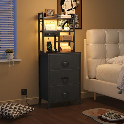 COTUBLR Night Stand, Tall Nightstand with Charging Station and LED Lights, Side Table with 4-Tier Shelves and 3 Fabric Drawers, 45.3" Tall Bedside End Tables for Bedroom, Hallway, Office, Black - color: Black