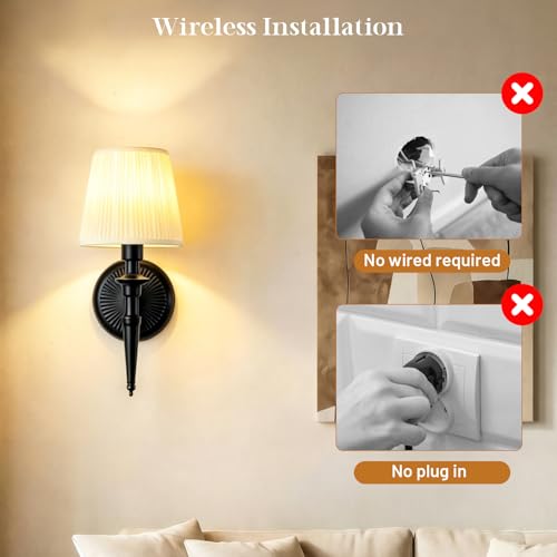 Battery Operated Wall Sconces Set of 2, Wireless Rechargeable Wall Lights with 12 RGB Colors and 3CCT Dimmable, Small Fabric LED Wall Lamps for Bedroom, Living Room, Hallway, Black - color: Black