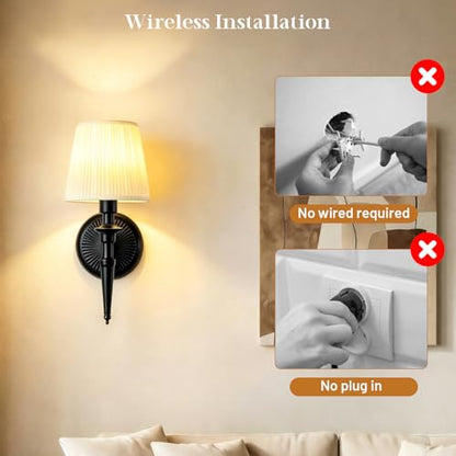 Battery Operated Wall Sconces Set of 2, Wireless Rechargeable Wall Lights with 12 RGB Colors and 3CCT Dimmable, Small Fabric LED Wall Lamps for Bedroom, Living Room, Hallway, Black - color: Black