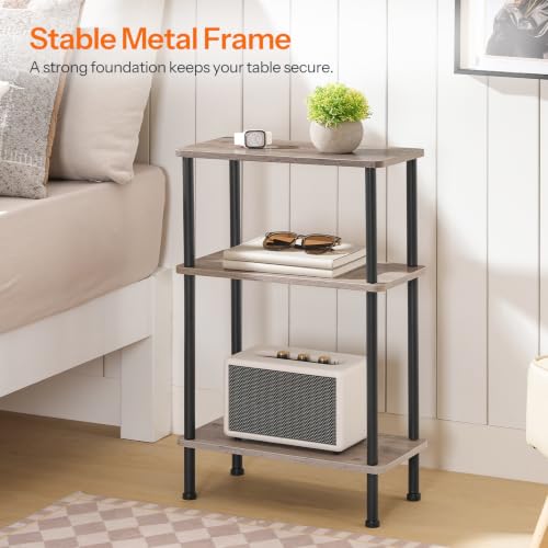 HOOBRO Narrow Side Table, 3-Tier Slim End Table No Tools Needed, Twist-On Assembly, Skinny Nightstand Sofa Storage Shelf for Living Room, Bedroom, Study, Greige and Black BG246BZ01 - color: Greige + Black