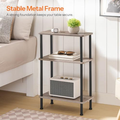 HOOBRO Narrow Side Table, 3-Tier Slim End Table No Tools Needed, Twist-On Assembly, Skinny Nightstand Sofa Storage Shelf for Living Room, Bedroom, Study, Greige and Black BG246BZ01 - color: Greige + Black