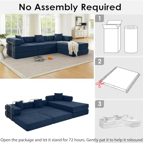 HANXIN 108 Inch Convertible Sleeper Sofa Bed, Folding Floor Mattress Couch with Fixed-Shape Frame, Futon Boneless Couch Lounge Loveseat with Pull Out Bed, No Assembly Required (Blue) - color: Blue, size: 108" L-Shaped Sofa Bed
