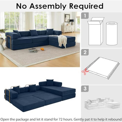 HANXIN 108 Inch Convertible Sleeper Sofa Bed, Folding Floor Mattress Couch with Fixed-Shape Frame, Futon Boneless Couch Lounge Loveseat with Pull Out Bed, No Assembly Required (Blue) - color: Blue, size: 108" L-Shaped Sofa Bed