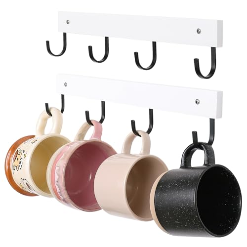SCUNDA Mug Hook for Wall, 180° Swivel Hooks for Cups, Wooden Wall Mounted Rotatable Hooks for Hanging Mugs, Hats, Keys, Kitchen Utensils, Robe, Towel, Strong Metal Hook with Wood Base (2-Pack, White) - color: White