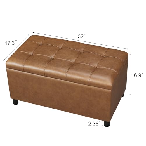 Storage Ottoman Bench, 32 Inches Faux Leather Rectangle Tufted Foot Stool for End Foot of Bed, Bedroom, Living Room,Warm Golden Brown - color: Warm Golden Brown