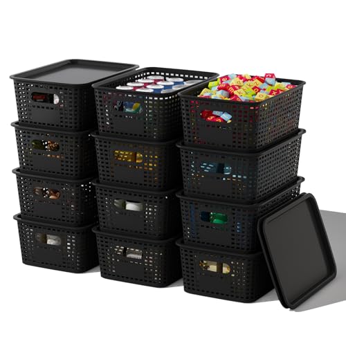 ORGIDOL Plastic Storage Basket with Lids 12 Pack Stackable Black Storage Bins Containers with Lid, Decorative Storage Boxes for Organizing Shelves, Drawers, Playroom, Classroom, Office, Closet - color: Black, size: 12 Pack
