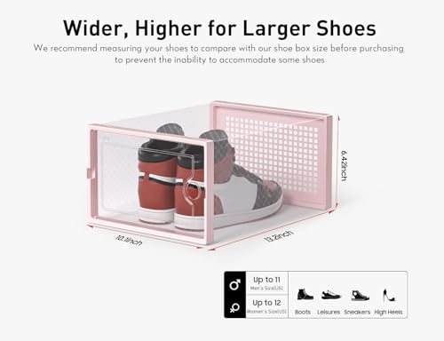 Kuject X-Large Shoe Storage Boxes 12 Pack, Clear Stackable Shoe Organizer | Shoe Case for Closet, Entryway & Under-Bed Storage, Drop-Front Design, Space-Saving Solution for Family Organization,Pink - color: Pink, size: X-Large