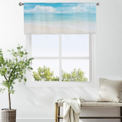 zokyer Coastal Kitchen Valance, Beach Theme, 52" W x 18" L, Rod Pocket | Hawaiian Tropical Nautical Ocean Seascape, S-ummer Blue Sea Sky Nature Landscape, Sand Small Short Window Curtains Decor - size: 52"W x 18"L (Pack of 1)