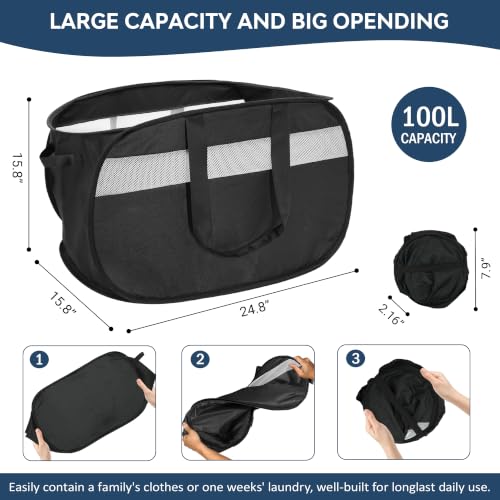100L Collapsible Laundry Baskets, Foldable Dual Handle Laundry Hamper Black | Lightweight, Easy to Carry, Up and Downstairs, Tear-Proof, Space-saving, for Laundry Room, Bedroom, Bathroom, Travel, Dorm - color: 100L Black