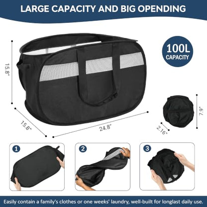 100L Collapsible Laundry Baskets, Foldable Dual Handle Laundry Hamper Black | Lightweight, Easy to Carry, Up and Downstairs, Tear-Proof, Space-saving, for Laundry Room, Bedroom, Bathroom, Travel, Dorm - color: 100L Black