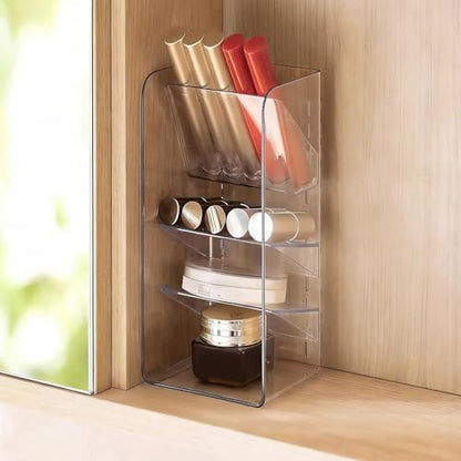 PAVSTINE Medicine Cabinet Organizer with Adjustable Dividers, Clear Vertical Layered Backward Slanting Shelves for Makeup Brush/Lip Gloss/Mascara Storage (3-Tier Slant-Gentle Slant) - size: 3-Tier Slant-Gentle Slant
