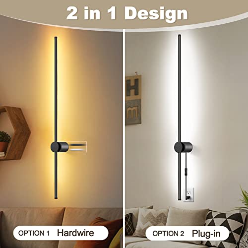 GOODATE Wall Sconces Set of Two with Remote, Stepless Colors 3000K-6500K & Stepless Dimming, Hardwire or Plug-in, 180° Rotate, LED Black Plug in Wall Sconces with Timer & Night Light, 39.4 Inches - color: Black, Stepless Color Temperature: 3000K-6500K, si