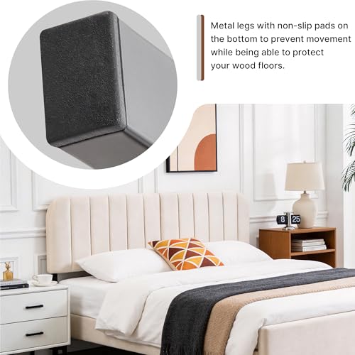 Upholstered Headboard Adjustable Height Queen/King Headboard Velvet Tufted Modern Headboards Easy Assemble Channel Stitched Headboard(Cream Queen) - color: Cream, size: Queen