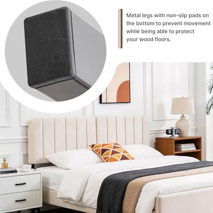 Upholstered Headboard Adjustable Height Queen/King Headboard Velvet Tufted Modern Headboards Easy Assemble Channel Stitched Headboard(Cream Queen) - color: Cream, size: Queen