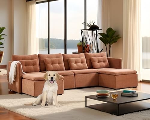 HNY 110" Modern U-Shaped Sectional Sofa, Brown | 4-Seat Button Tufted Modular Couch, Chenille Fabric With Pillow & Ottoman, Comfortable Deep Seat for Living Room, Apartment - color: Brown, size: 4 Seater-U Shape