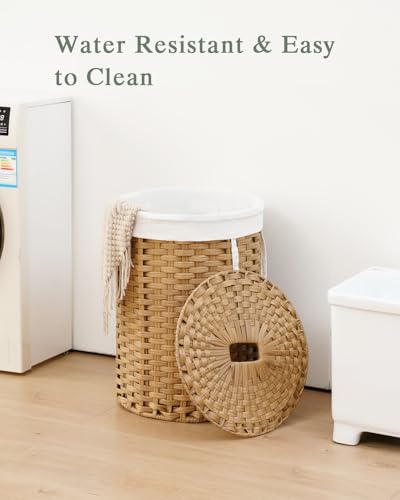 SETVSON Laundry Hamper with Lid 23.8 Gal (90 L) PE Rattan, Natural | 90L 23.8 Gal Round PE Rattan Hamper with Lid, Removable Washable Liner Bag, 2 Mesh Wash Bags, Steel Frame, Handles - color: Natural, size: 90 L