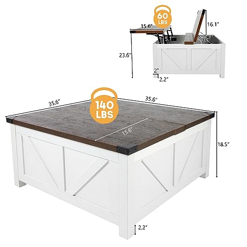 jimeimen Farmhouse Lift Top Coffee Table with Storage, Wood Square Center Table with Charging Station&USB Port, Living Room Table w/Large Hidden Space, for Living Room, Bedroom, Home Office, White - color: White