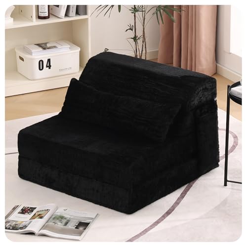 Convertible Folding Sofa Bed Single Size for Adults with Pillow, Plush Fabric Floor Mattress Couch Bed, Washable Cover & Side Pocket, Guest Room, Dorm, Apartment, Living Room, Black - color: Plush Black, size: Single Size