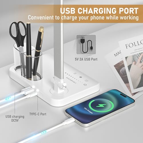 LED Desk Lamp for Home Office Desk Light Table Lamp 50 Lighting Modes Timer | Eye-Caring Desk Lamp with USB Adapter, Foldable Dual Swing Arm Architect for Reading, Study, Workbench - color: Silver