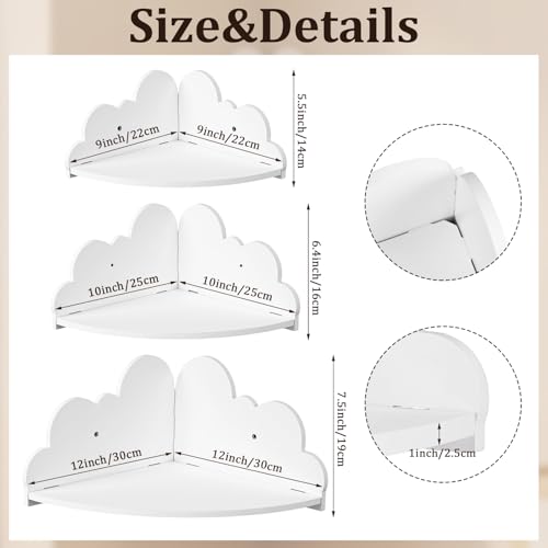 Novabright 3 Pack Cloud Floating Corner Shelves, 9/10/12 Inch Wall Mounted Corner Shelves for Room & Nursery Decor, Cute Cloud Display Shelf for Storage, Plants, Books & Small Decor