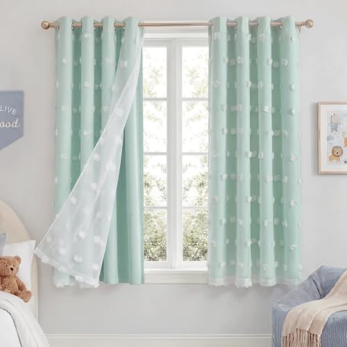 NICETOWN Aqua Pom Pom Curtains for Nursery, Grommet Room Darkening Double Layer Sheer Drapes Thermal Insulated Kids Room Window Treatments for Bedroom, W52 x L63, 2 Panels - color: Aqua, size: 52"W x 63"L (Pack of 2)