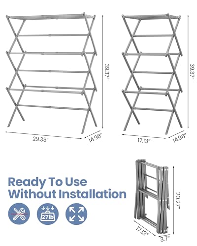 Oversize 3-Tier Clothes Drying Rack, No Install, Grey | Expandable Design, Non-slip feet, Tool-free Setup, Rust Prevention, Sturdy Construction, 14.9" D x 29.3" W, Holds 24lbs - color: Gray