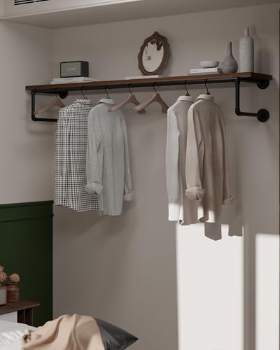 Clothes Rack 60in, Wall Mounted Garment Racks with Real Walnut Wood Shelf, Heavy Duty Hanging Clothes Rack, Multi-Purpose Hanging Rod, Space-Saving Closet Storage - color: Walnut, size: 1T60IN