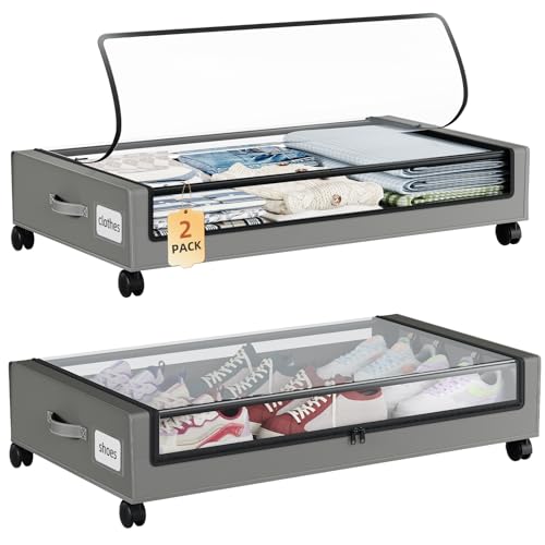 Somdot Under Bed Storage with Wheels, 2 Pack Under Bed Storage Containers | Underbed Shoe Storage Organizer with Clear Lids, Rolling Under The Bed Storage for Clothes, Blankets, Toys, Charcoal Grey - color: Charcoal Grey