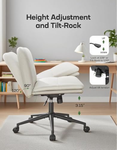Marsail Criss Cross Chair with Wheels: PU Leather Cross Legged Office Chair Wide Armless Desk Chair Swivel Height Adjustable Vanity Chair for Make Up,Small Space,Bed Room(Beige) - color: Beige