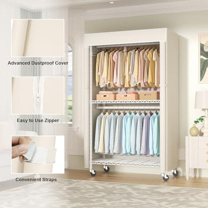 White Clothing Rack with Beige Cover, P1C Rolling Closets | Metal Garment Rack for Hanging Clothes, Clothing Storage Wardrobe, with Wheels - color: White Rack With Beige Cover